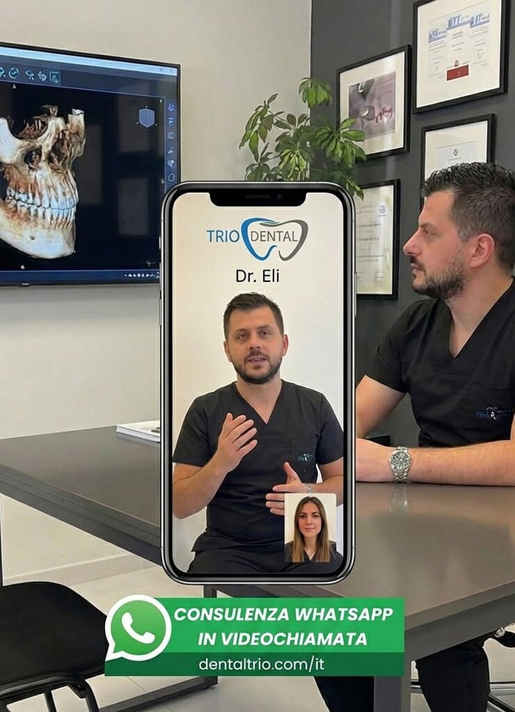 Consultazione virtuale di Trio Dental via WhatsApp con il Dr. Eli, che offre consigli e cure odontoiatriche di esperti.