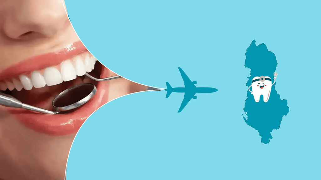 Dental tourism concept: dental check-up, airplane, and map emphasizing travel for dental care.