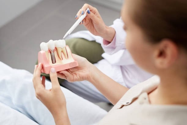 Dentist explaining dental implant model to patient, highlighting tooth anatomy and implant procedure in clinic setting.