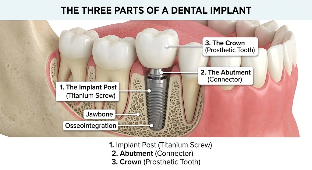 Schema di un impianto dentale che mostra il perno dell'impianto, l'abutment e la corona all'interno della struttura ossea mascellare.
