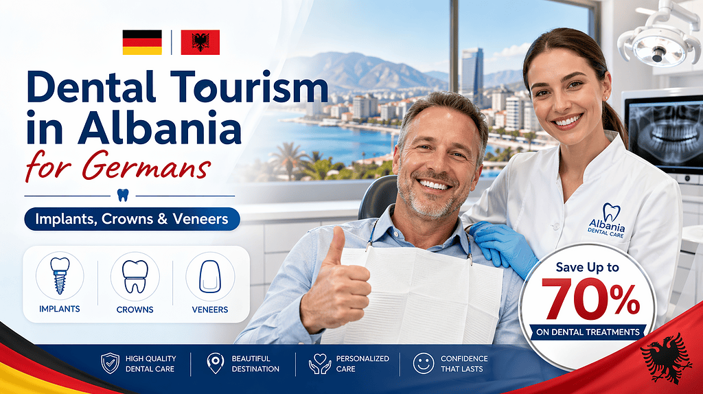 Turismo dentale in Albania per tedeschi; risparmia fino al 70% su impianti, corone, faccette. Cure di qualità in una splendida cornice.