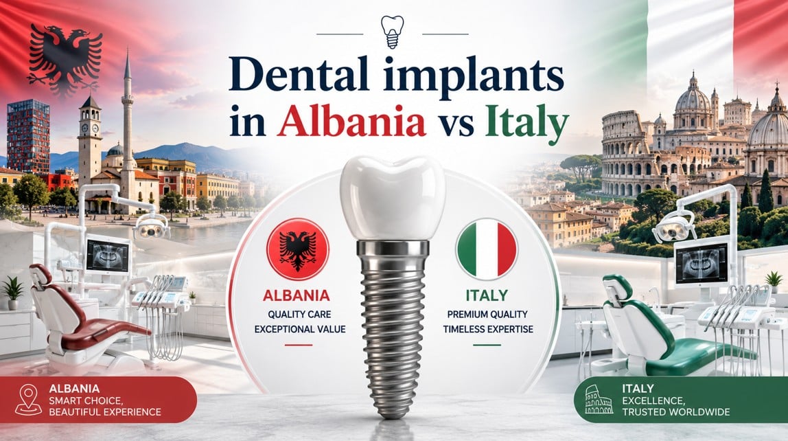 Confronto tra impianti dentali in Albania e Italia: caratteristiche, qualità delle cure, valore ed expertise con paesaggi urbani iconici.