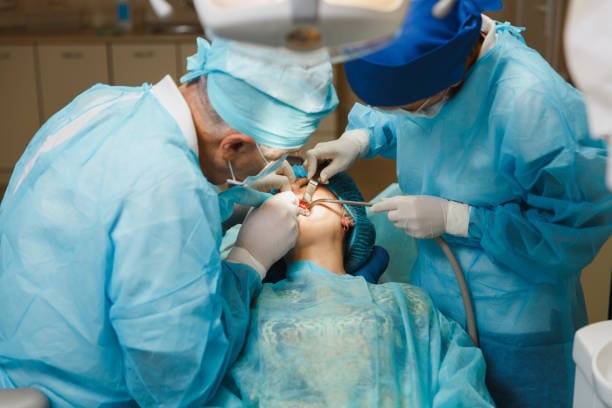 Dentisti che eseguono un intervento chirurgico orale su un paziente in una clinica dentistica, indossando camici chirurgici blu e mascherine.