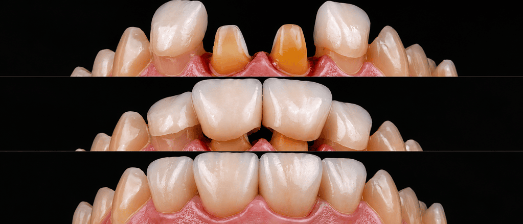 Three-stage dental veneer procedure showing tooth preparation, veneer placement, and final restoration.