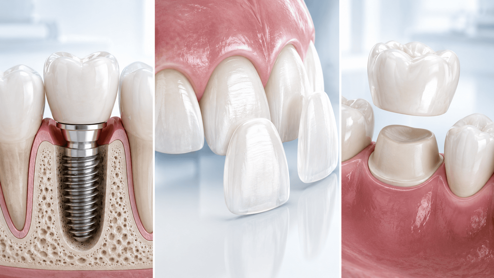 Soluzioni dentali: impianti, faccette e corone per il ripristino e il miglioramento estetico dei denti.