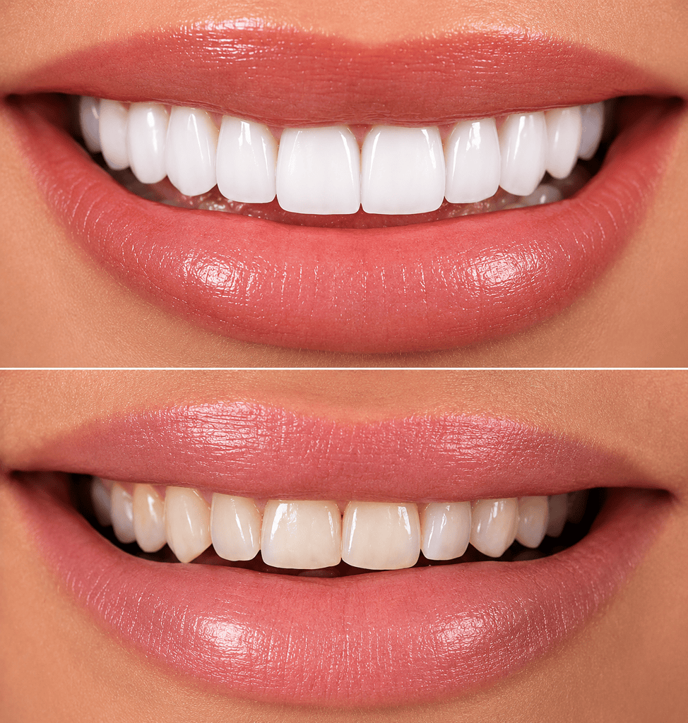 Antes y después del blanqueamiento dental, mostrando una mejora espectacular en brillo y color.