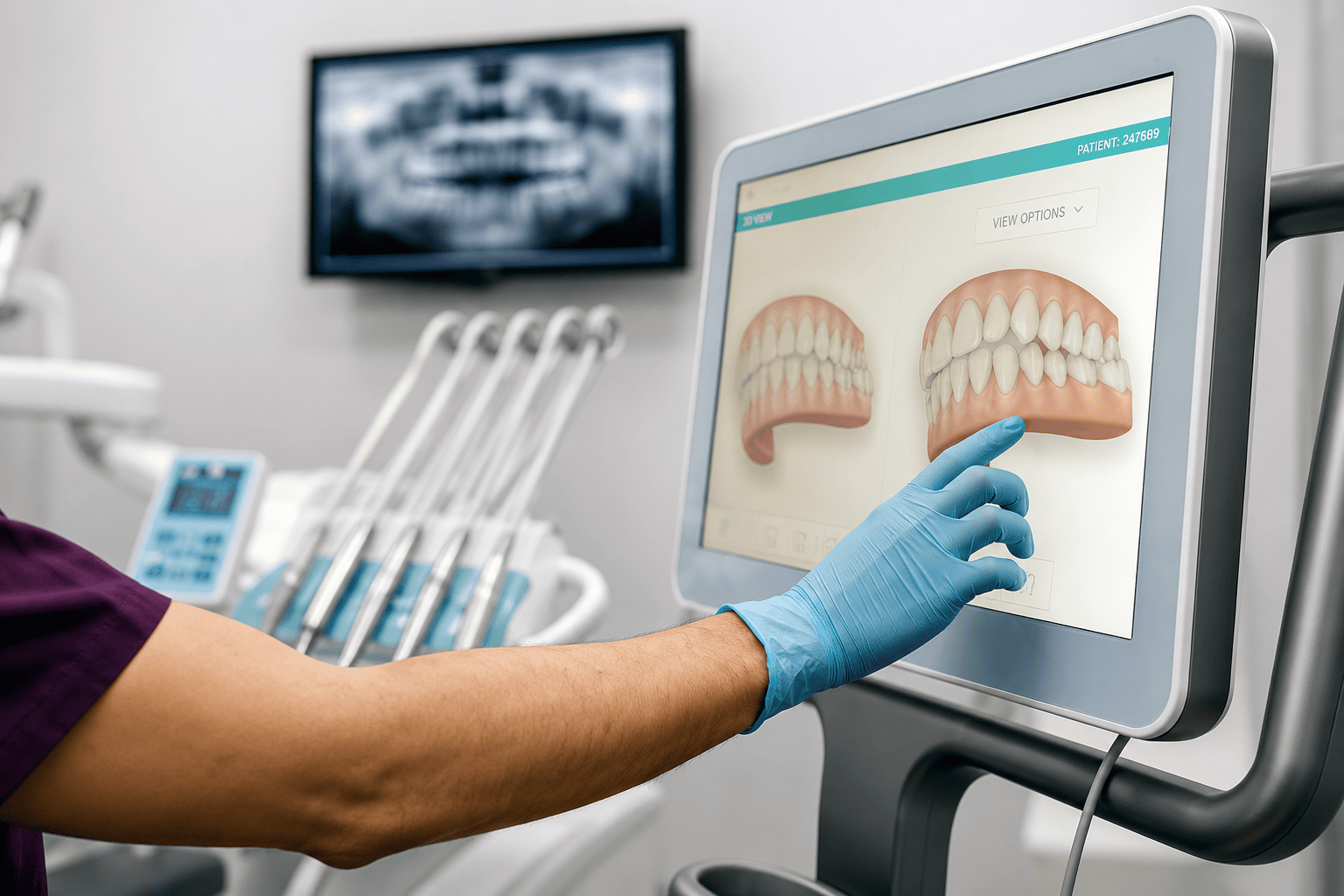 Dentista utilizando una pantalla digital para la planificación de tratamientos dentales con imágenes de dientes, mejorando la atención al paciente a través de la tecnología.