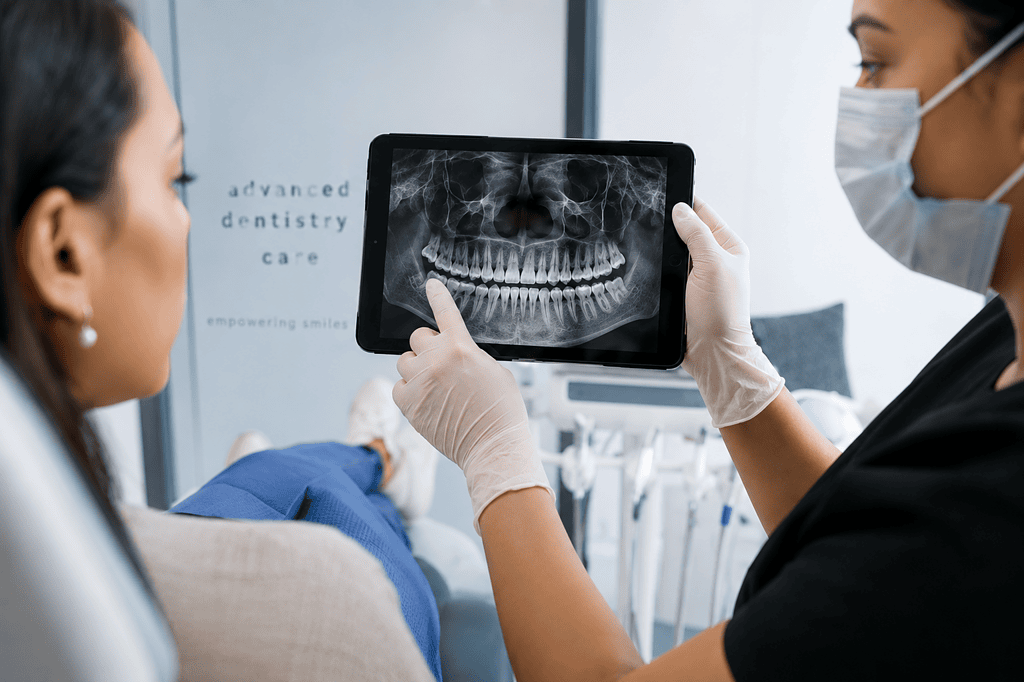 Dentista mostrando al paciente una radiografía dental digital en una tableta en una clínica moderna.