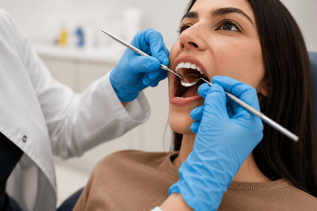 Revisión dental: dentista examina los dientes de un paciente con una herramienta de espejo en una clínica, guantes azules, boca abierta.