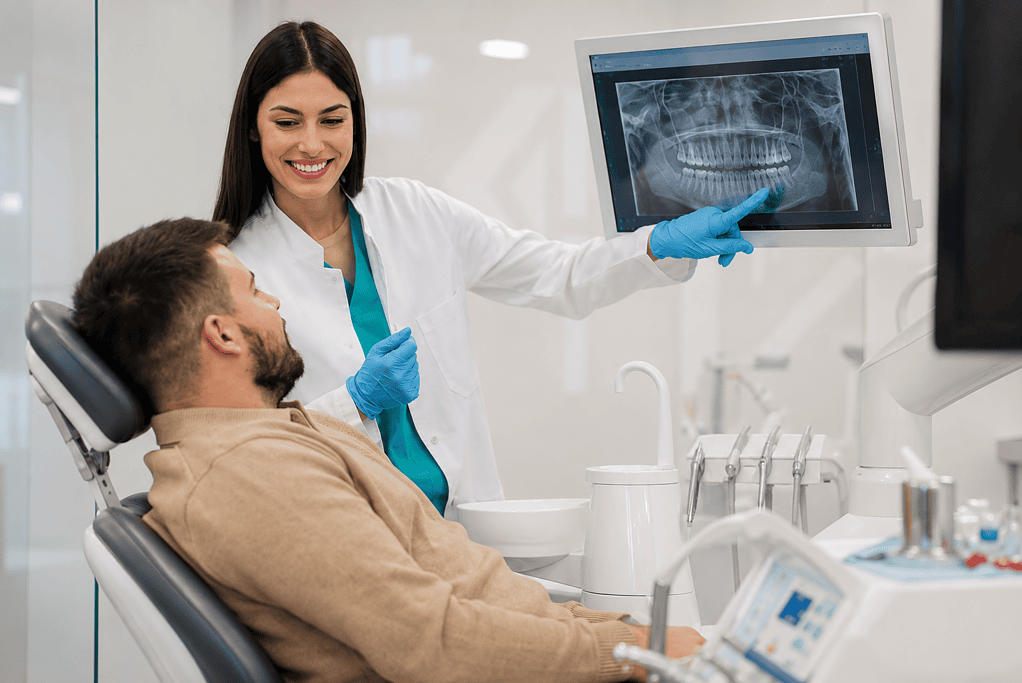 Dentista mostrando al paciente una radiografía dental en una pantalla, sonriendo durante una consulta en una clínica dental moderna.