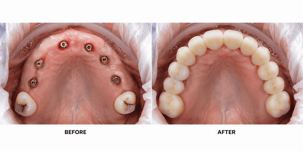 Antes y después de implantes dentales: transformación de la mandíbula superior que muestra postes de implante y nueva prótesis de arco completo.