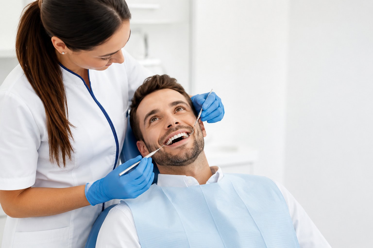 Dentista examinando los dientes de un paciente con herramientas dentales, el paciente sonriendo ampliamente.