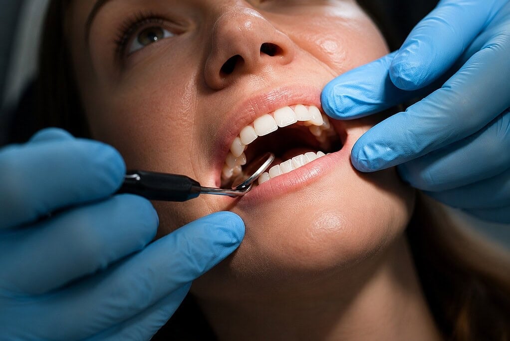 Patient recevant un examen dentaire avec un dentiste portant des gants bleus utilisant des outils dentaires pour un examen buccal.