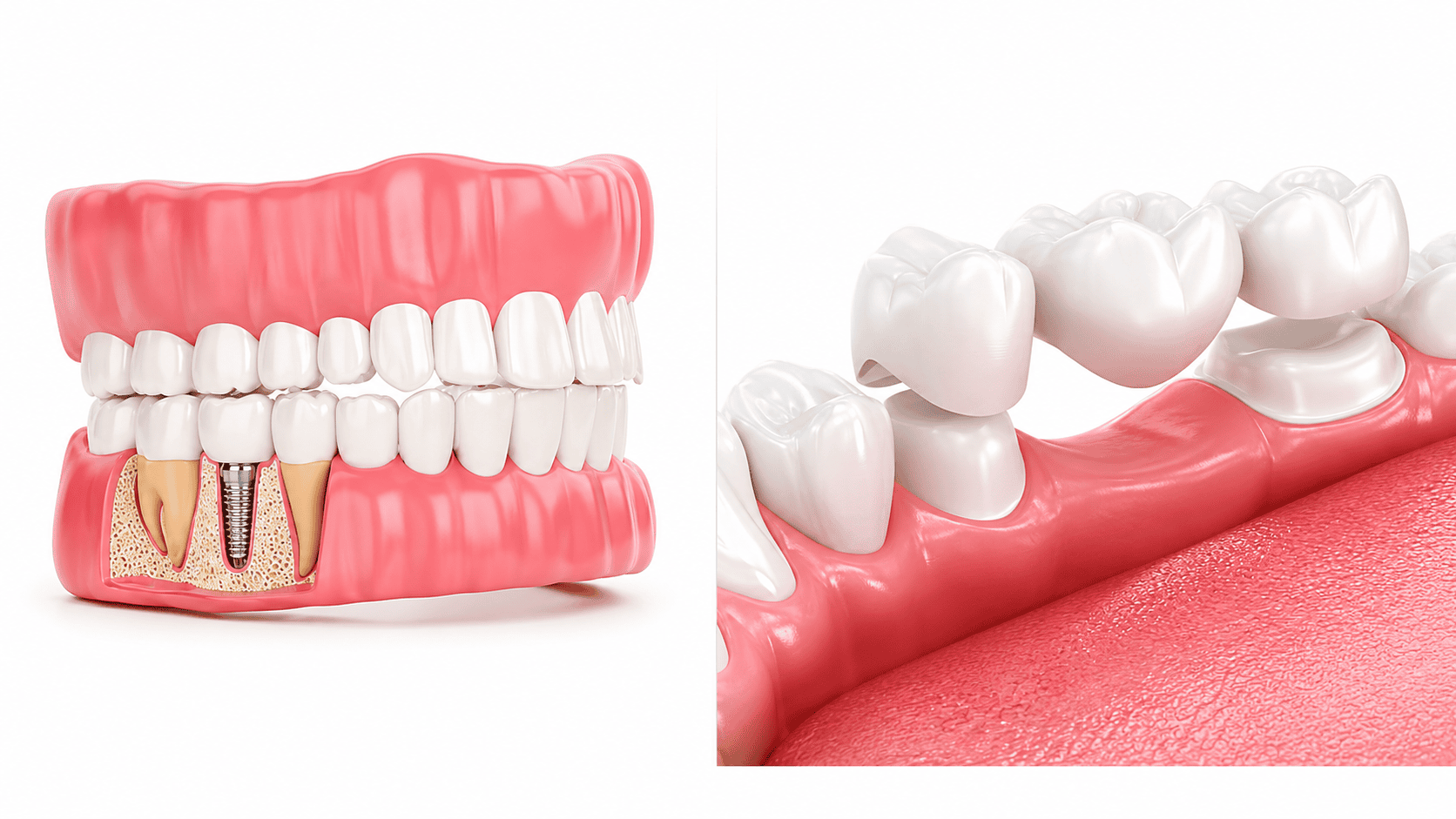 Dental bridge and implant illustration showing prosthetic solutions for missing teeth in a realistic 3D render.