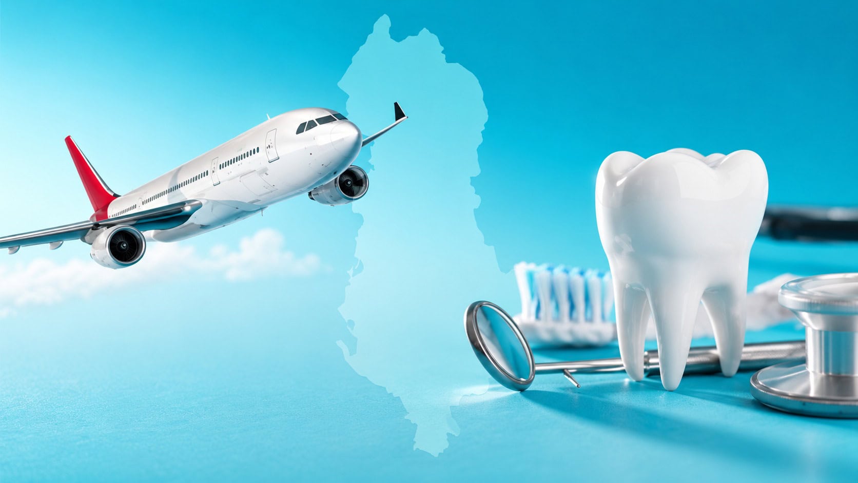 Avion, outils dentaires et dent symbolisant le tourisme dentaire sur fond de carte du pays.