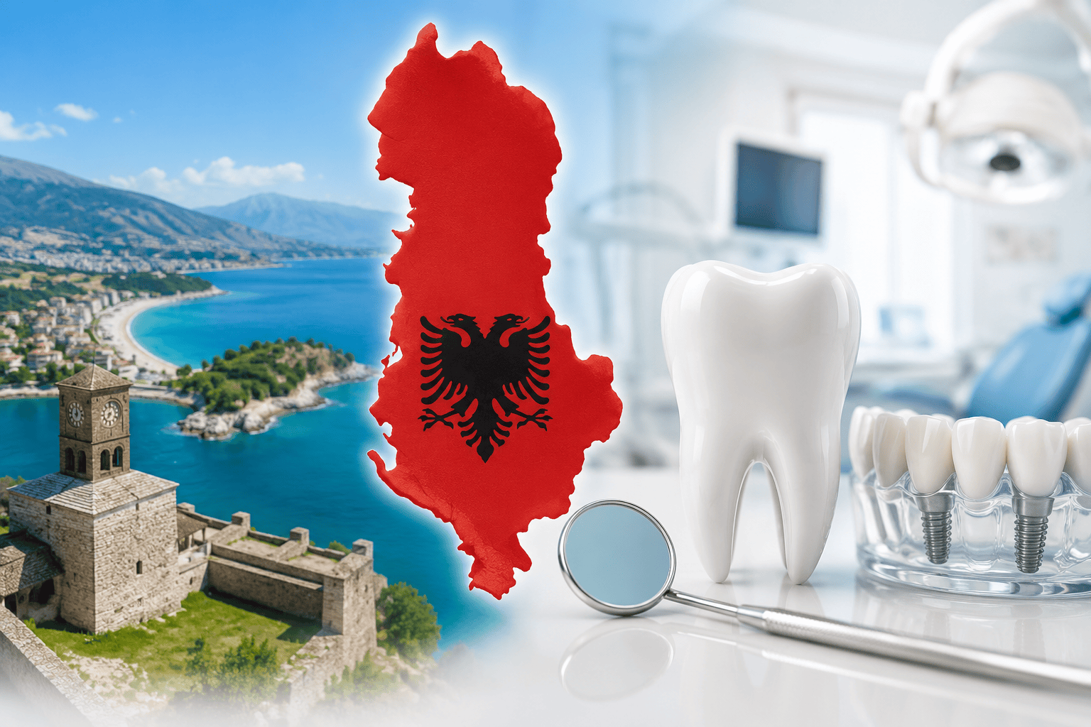 Albania dental tourism concept with map, beach, and dental tools, showcasing both travel and dental care options.