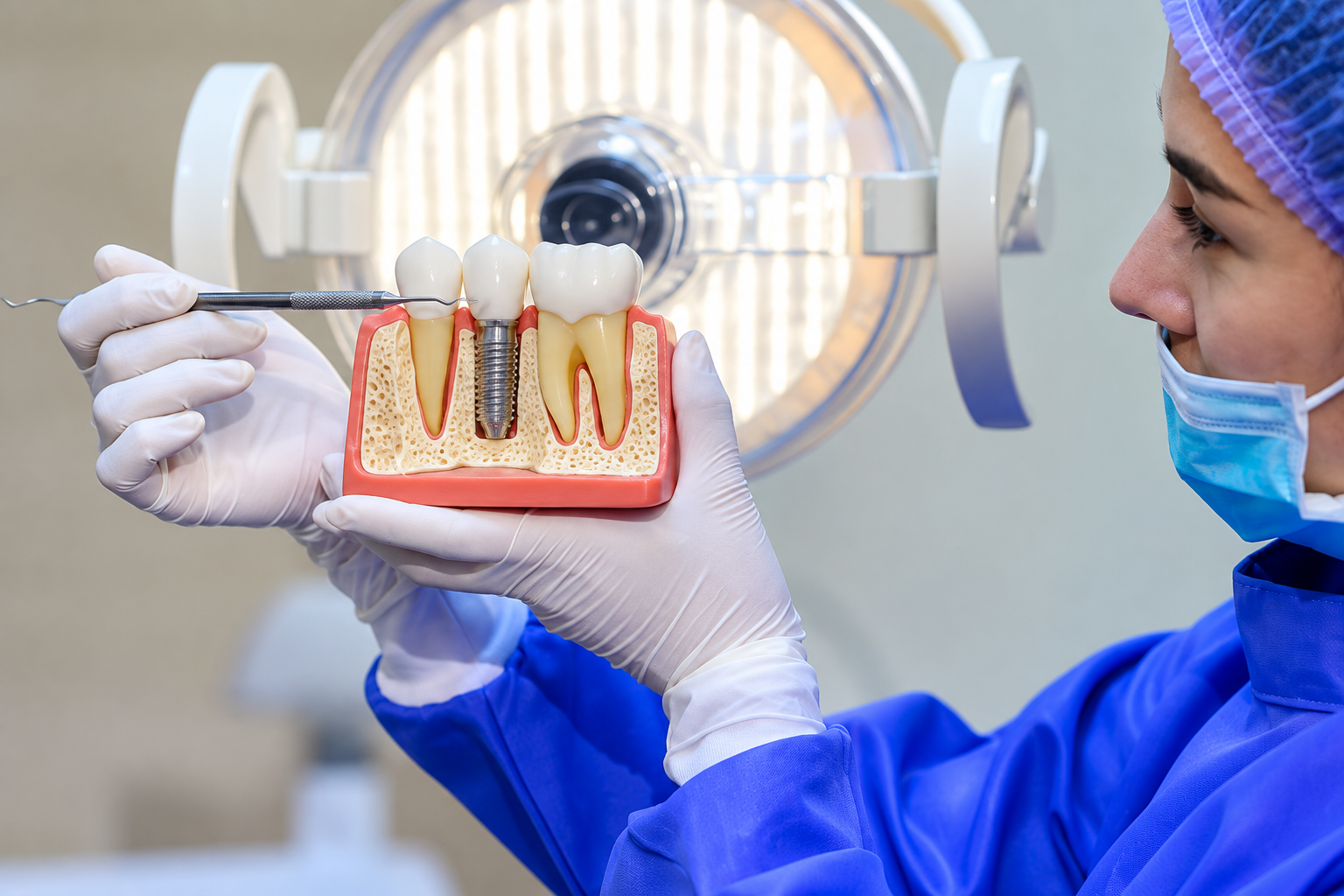 Dental professional examining tooth implant model under light.