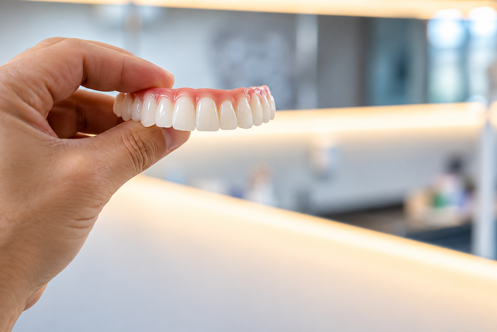 Hand holding dental prosthetic set against modern blurred background.
