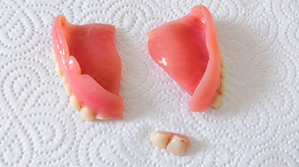 Broken dentures on a paper towel, showing upper and lower parts separated.