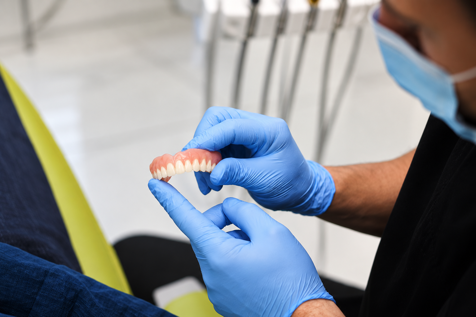 Dentist in blue gloves examines dental prosthesis in clinic setting.