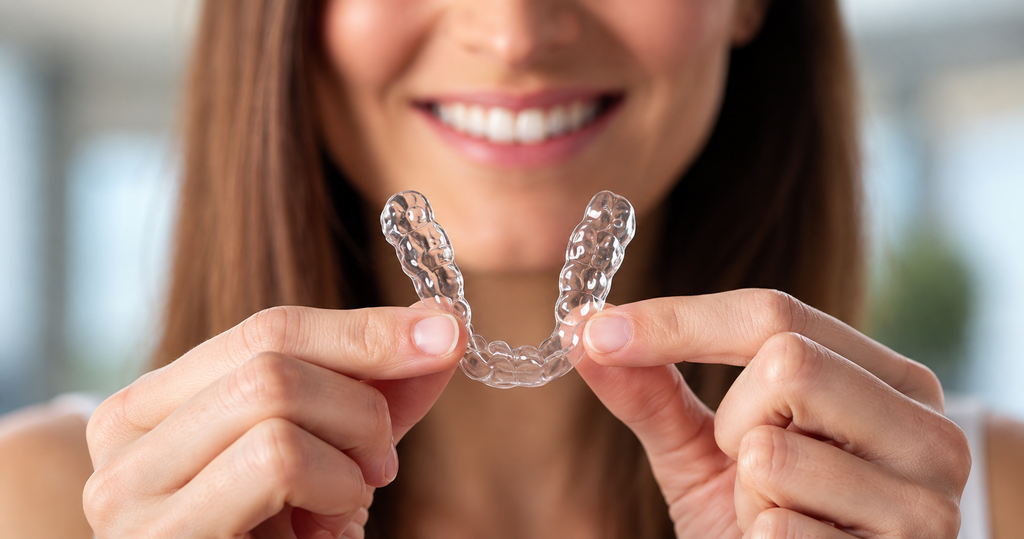 Woman holding a clear dental aligner, smiling with visible teeth. Invisalign alternative for straightening teeth discreetly.