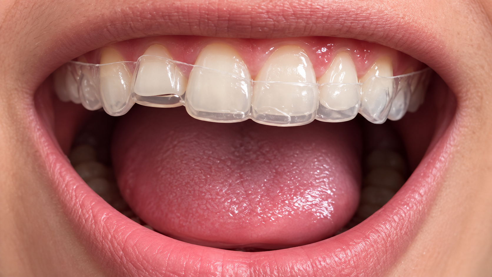 Close-up of a smiling mouth with clear orthodontic aligners on teeth, showcasing dental health and care.