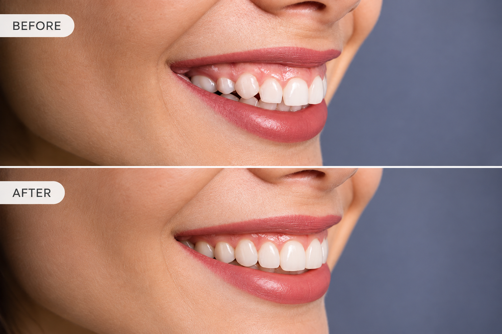 Before and after image showing teeth whitening results with improved brightness and alignment.