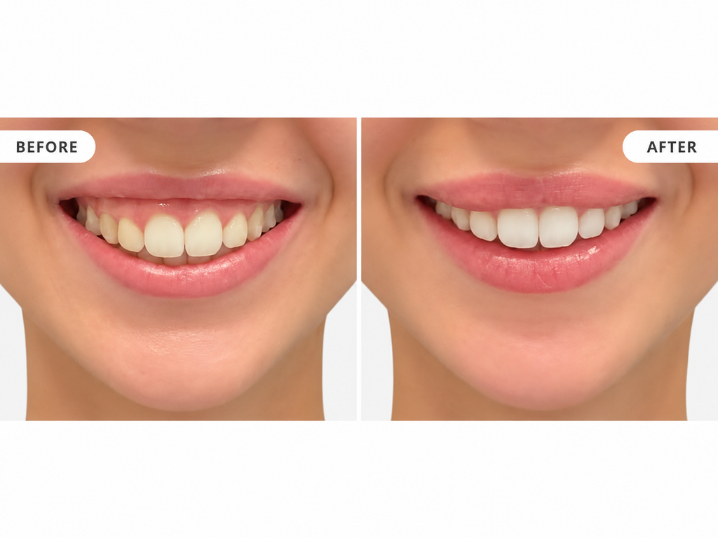 Before and after teeth transformation showing improved alignment and whiter smile.