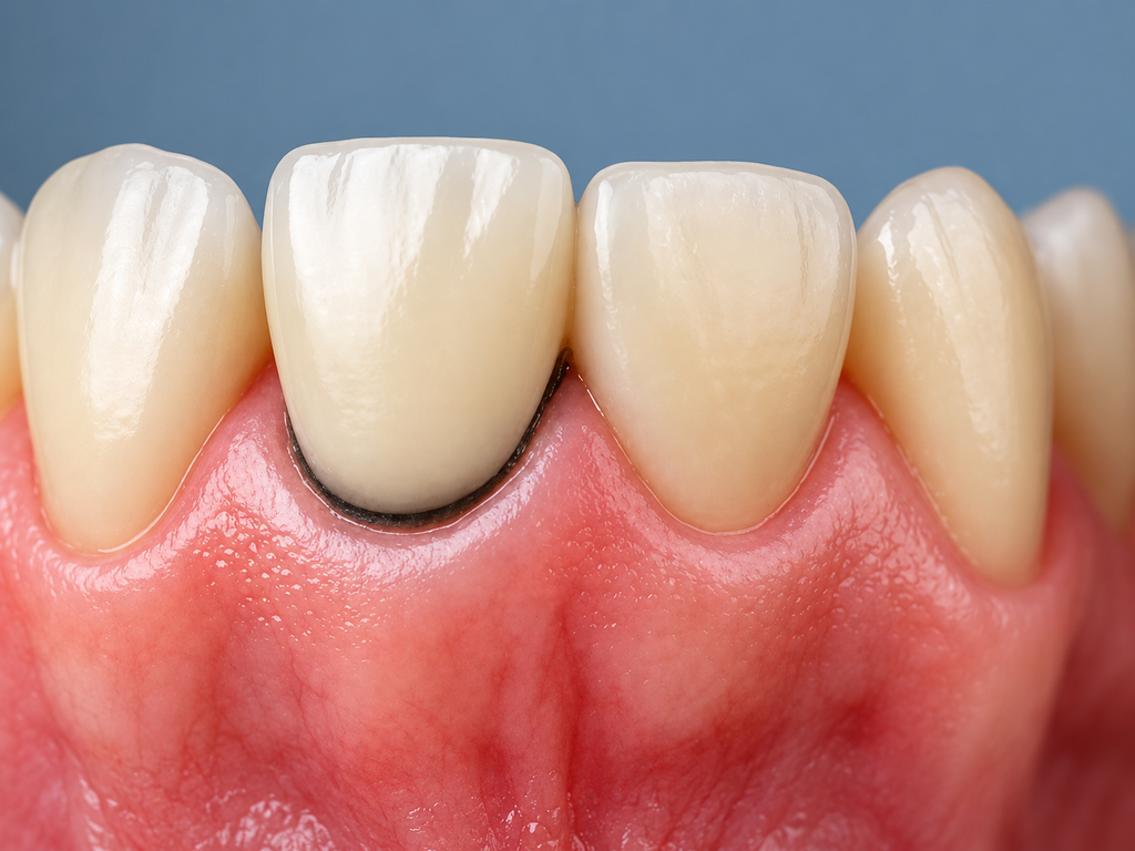Close-up of dental implant with receding gum, highlighting oral health and restorative dentistry.