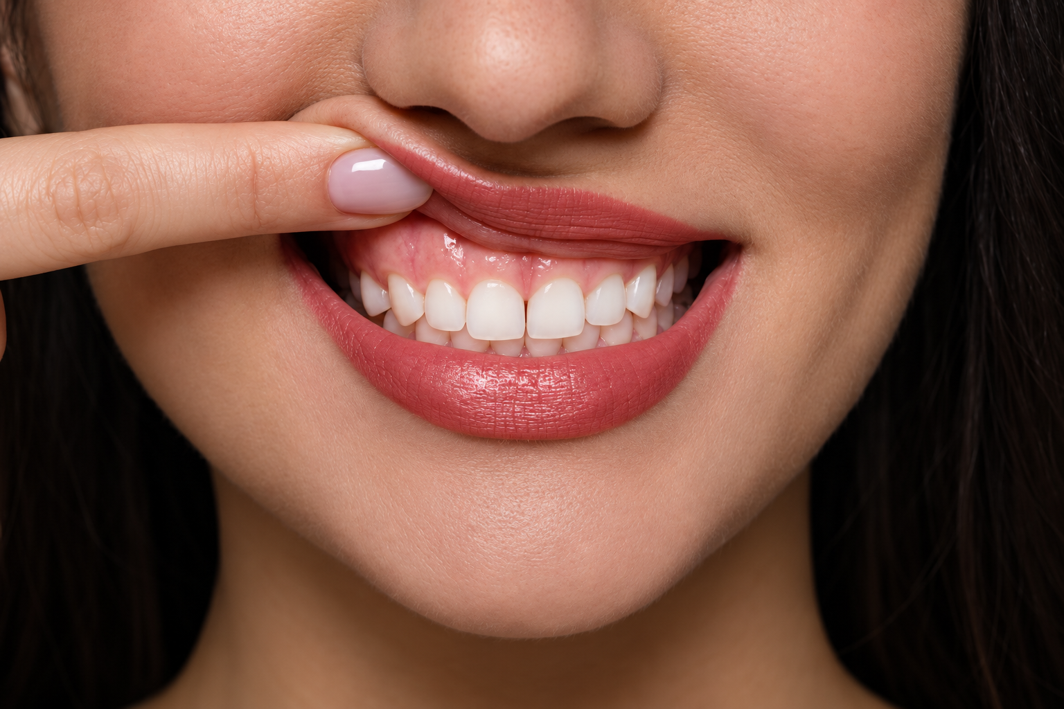 Close-up of a woman smiling, revealing healthy teeth and gums, with a pink-polished finger lifting her lip.