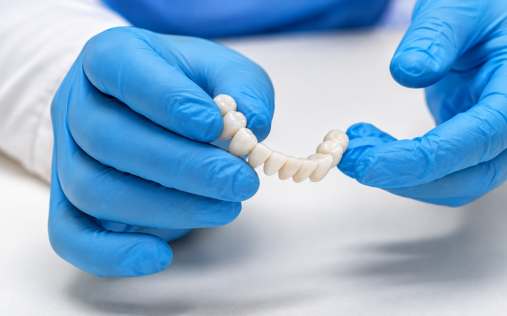 Dentist holding dental bridge model with blue gloves, demonstrating dental care and prosthetics.