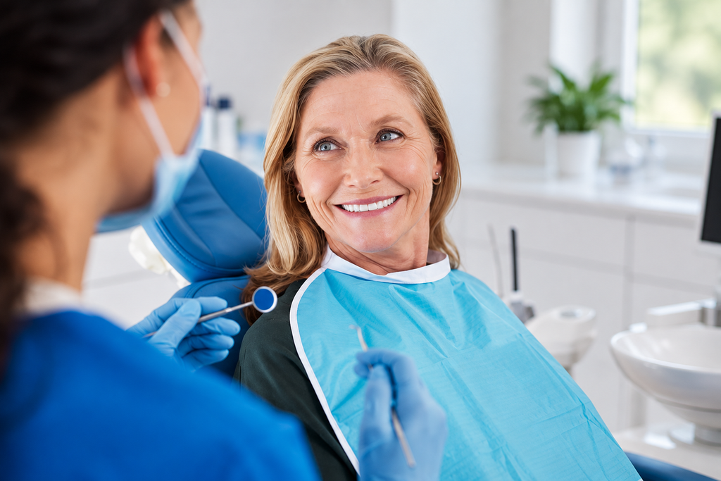 Smiling woman at a dental check-up, talking to dentist wearing blue gloves in a bright clinic with a plant in background.