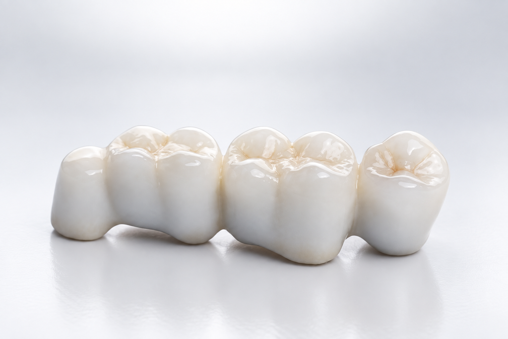 Porcelain dental bridge on a reflective surface, showcasing realistic tooth detail and craftsmanship.
