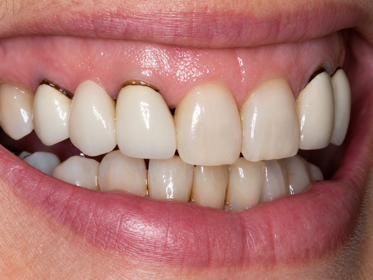 Close-up of a person's smile showing teeth with dental crowns and aging gum lines.